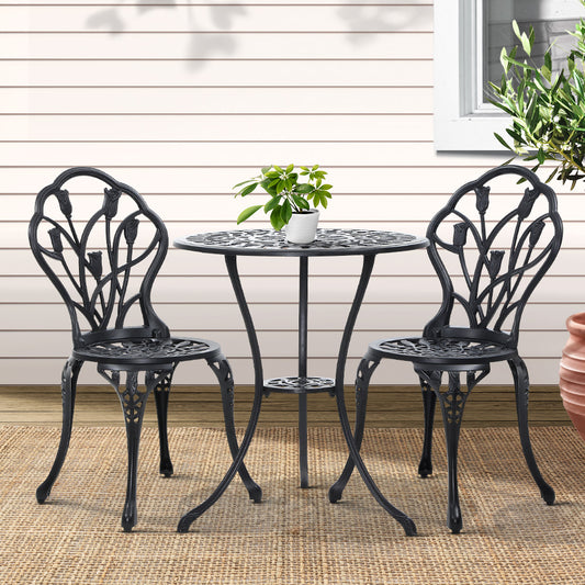 Ciaran 2-Seater Cast Aluminium Table Chair Patio 3-Piece Outdoor Setting - Black