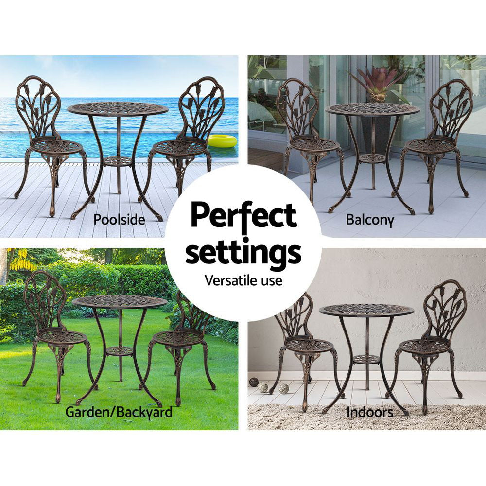 Ciaran 2-Seater Cast Aluminium Table Chair Patio 3-Piece Outdoor Setting - Bronze