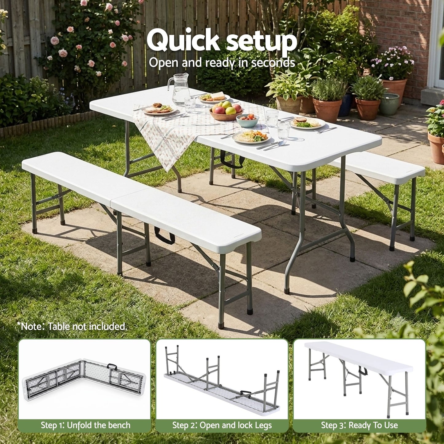 Folding Table 180cm Trestle HDPE Fold In Half - White