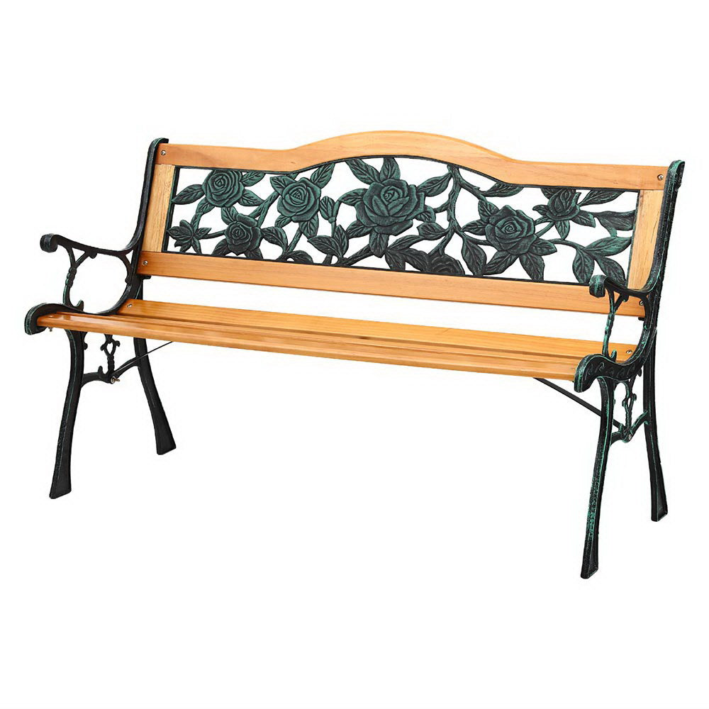 Tavren Outdoor Garden Bench Seat 126cm Wooden Cast Iron 3 Seater Patio Furniture Natural