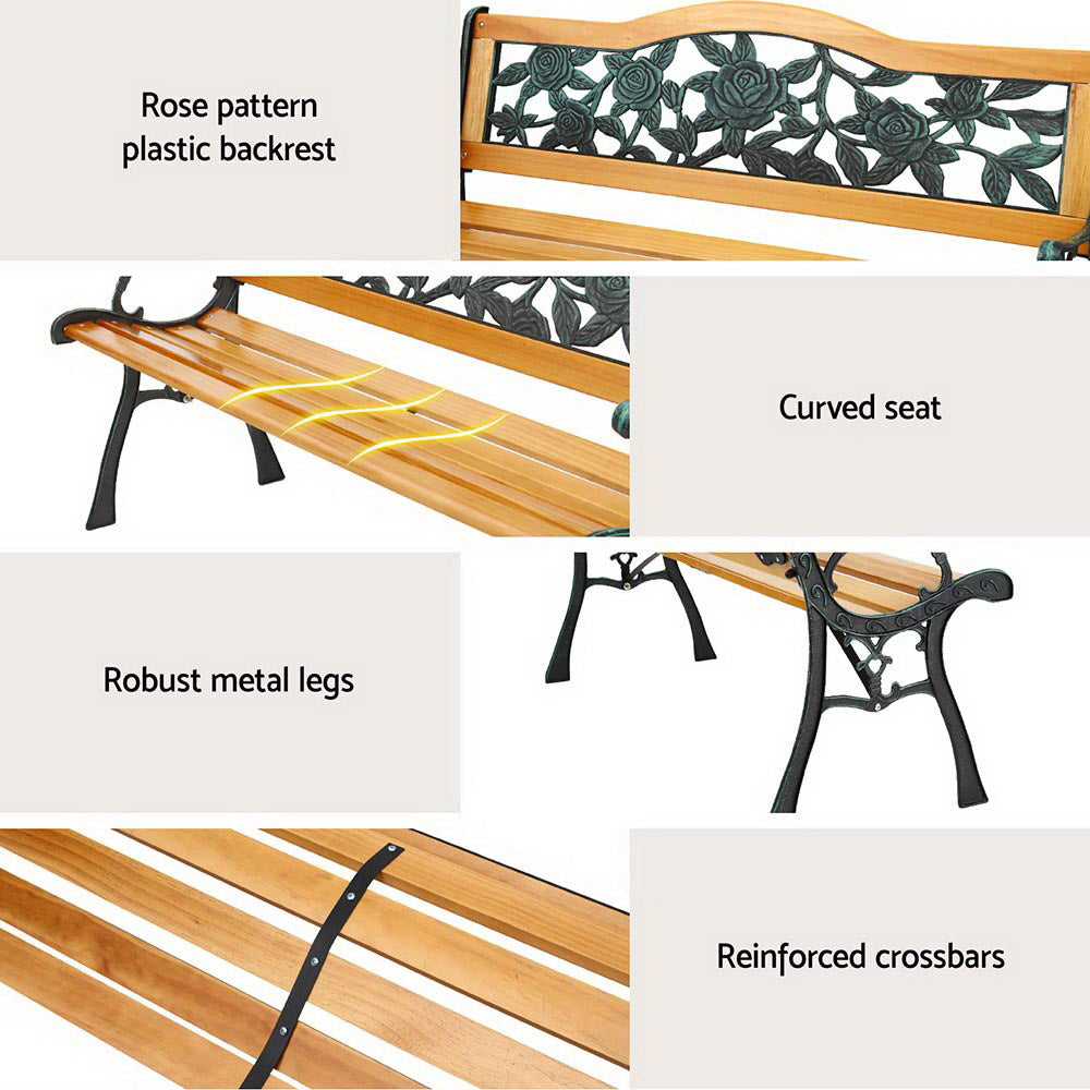 Tavren Outdoor Garden Bench Seat 126cm Wooden Cast Iron 3 Seater Patio Furniture Natural