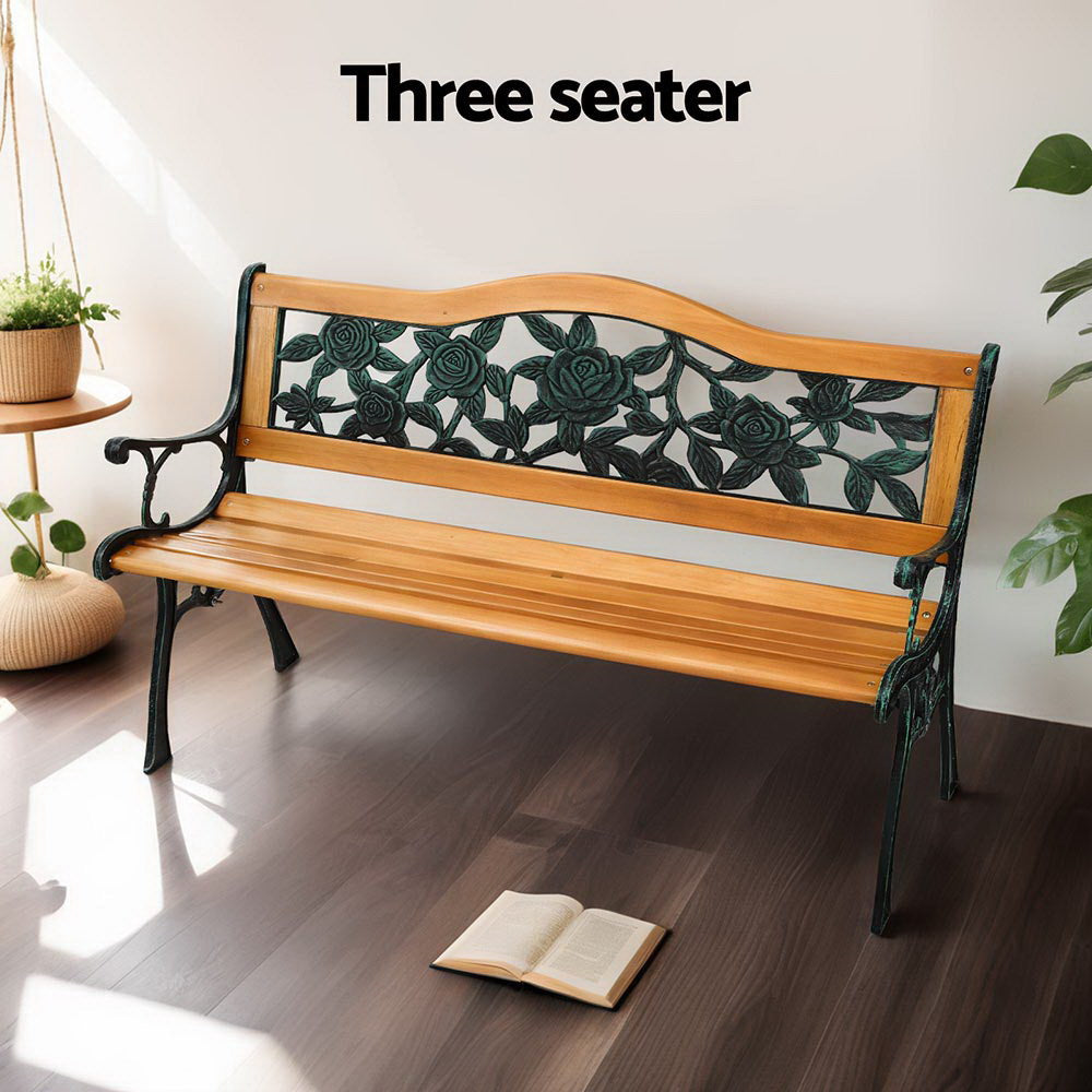 Tavren Outdoor Garden Bench Seat 126cm Wooden Cast Iron 3 Seater Patio Furniture Natural