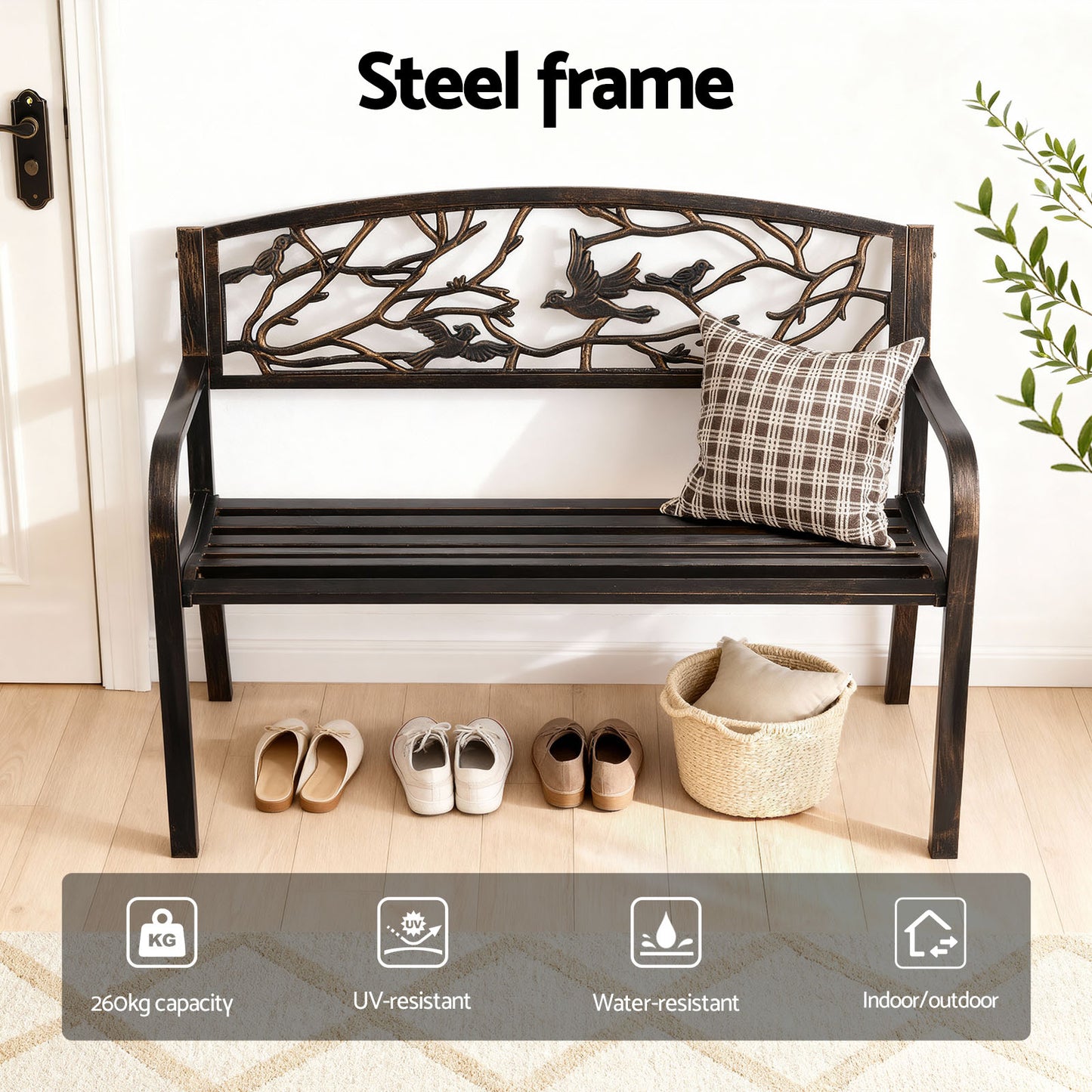 Merrick Outdoor Bench Seat Garden Steel Outdoor Furniture 3 Seater Park Bronze