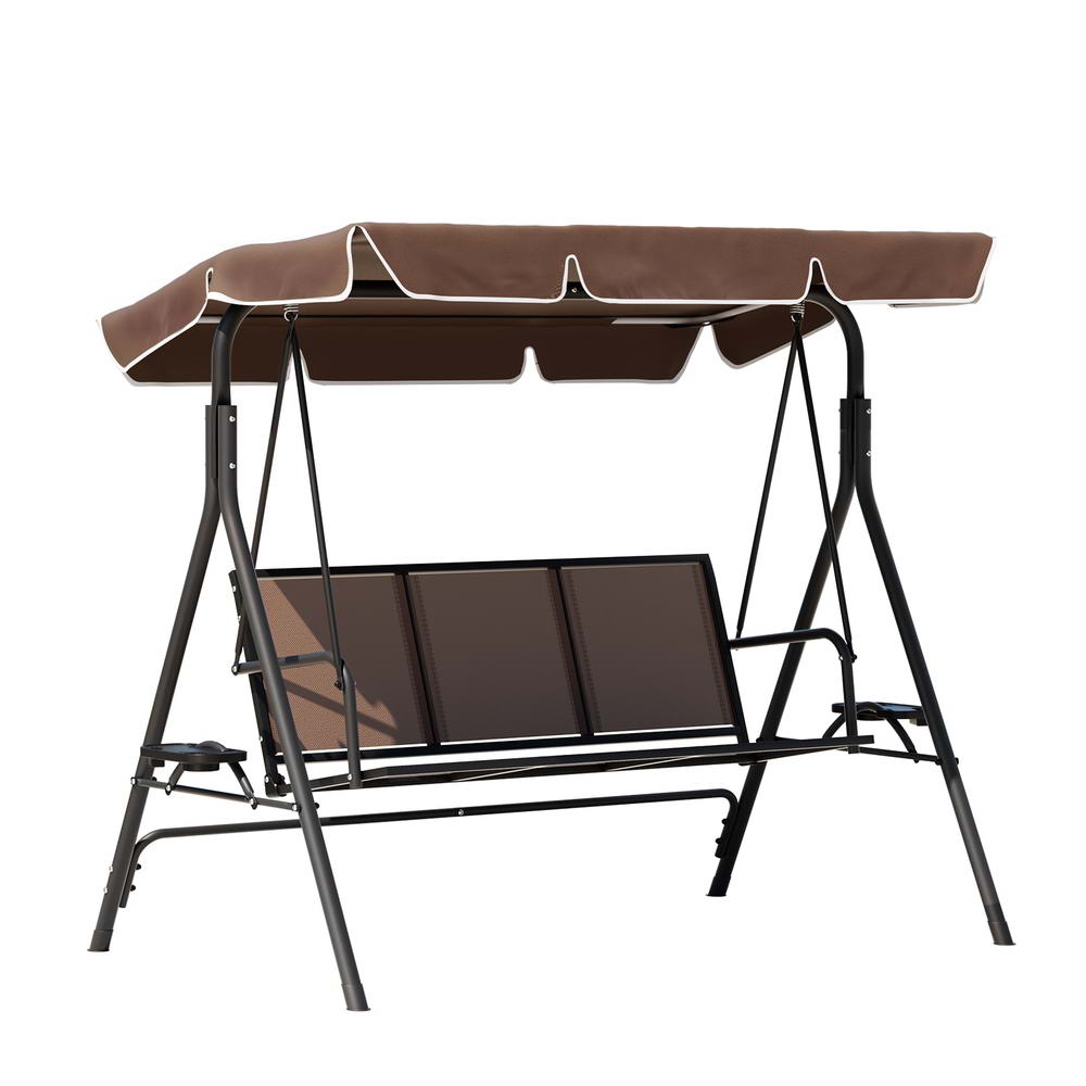 Astride Outdoor Swing Chair Garden Chair Canopy Cup Holder 3 Seater - Brown