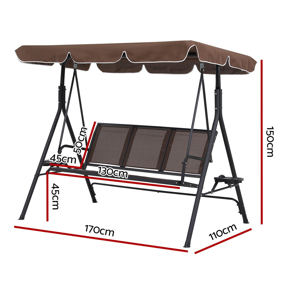 Astride Outdoor Swing Chair Garden Chair Canopy Cup Holder 3 Seater - Brown