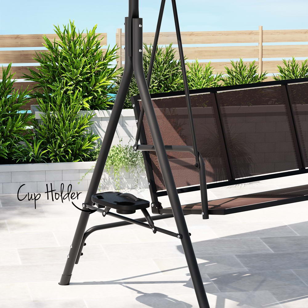 Astride Outdoor Swing Chair Garden Chair Canopy Cup Holder 3 Seater - Brown