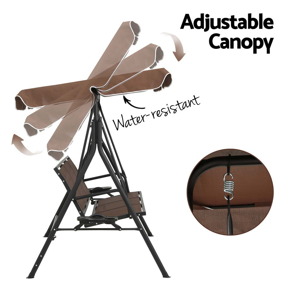 Astride Outdoor Swing Chair Garden Chair Canopy Cup Holder 3 Seater - Brown