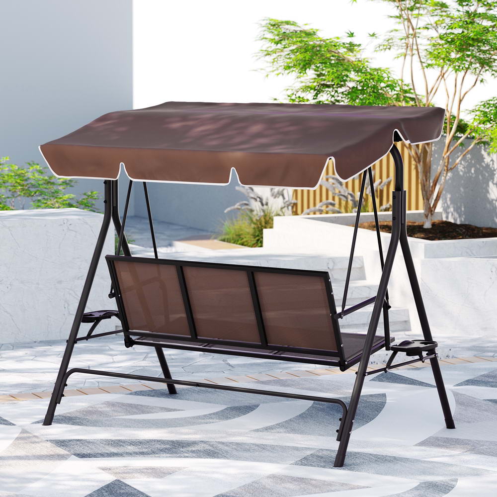 Astride Outdoor Swing Chair Garden Chair Canopy Cup Holder 3 Seater - Brown