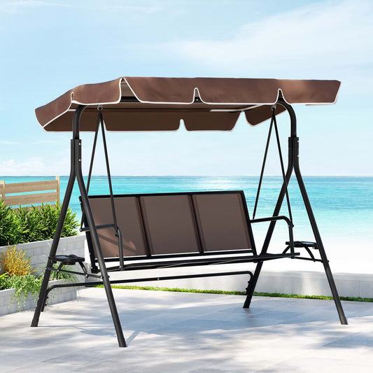 Astride Outdoor Swing Chair Garden Chair Canopy Cup Holder 3 Seater - Brown