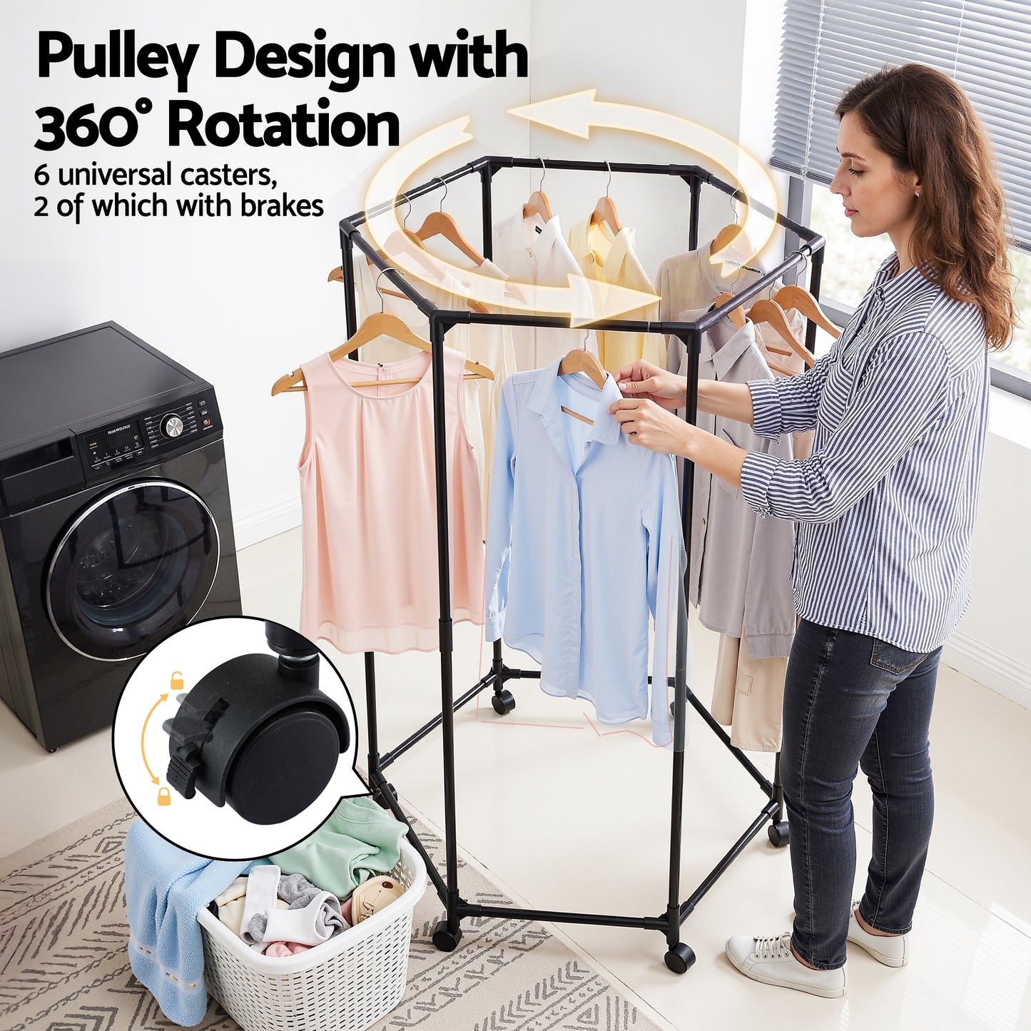 Clothes Rack Airer Rail Coat Stand Wheels 6 Rods