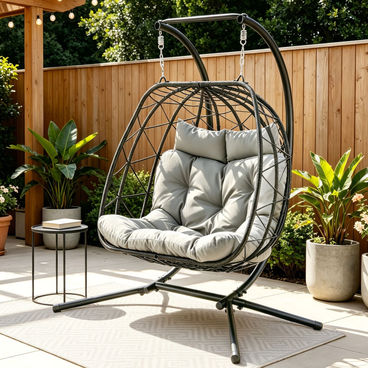 Outdoor Swing Chair 2 Seater with Stand Cushion Rattan Patio Furniture - Dark Grey