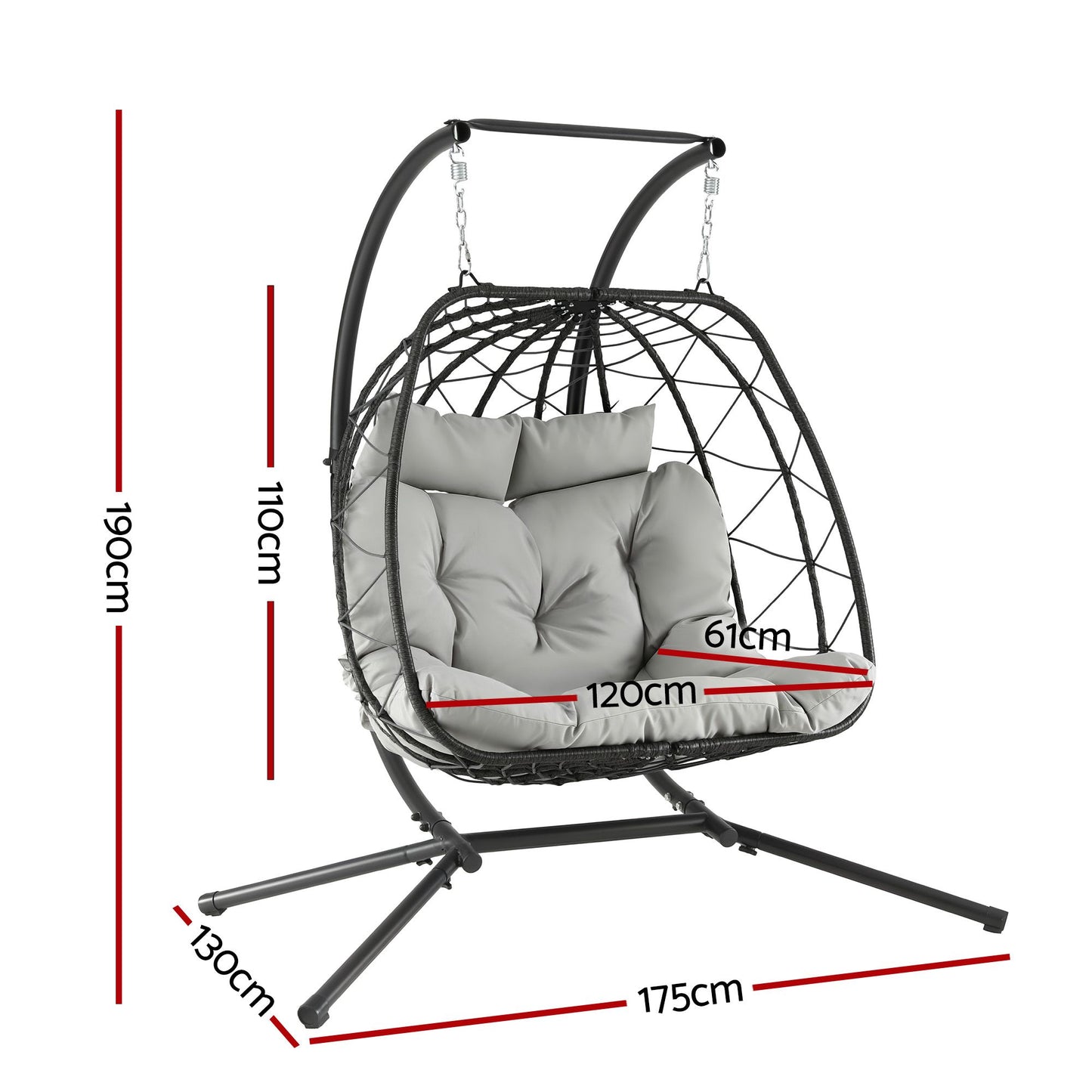 Outdoor Swing Chair 2 Seater with Stand Cushion Rattan Patio Furniture - Dark Grey