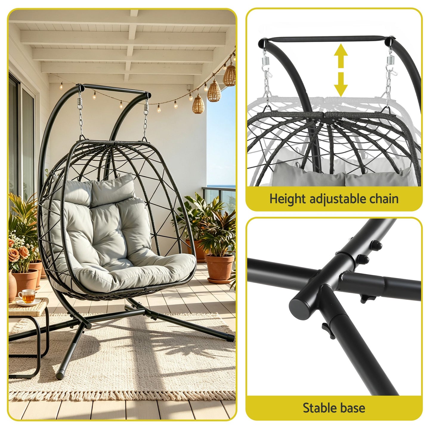 Outdoor Swing Chair 2 Seater with Stand Cushion Rattan Patio Furniture - Dark Grey