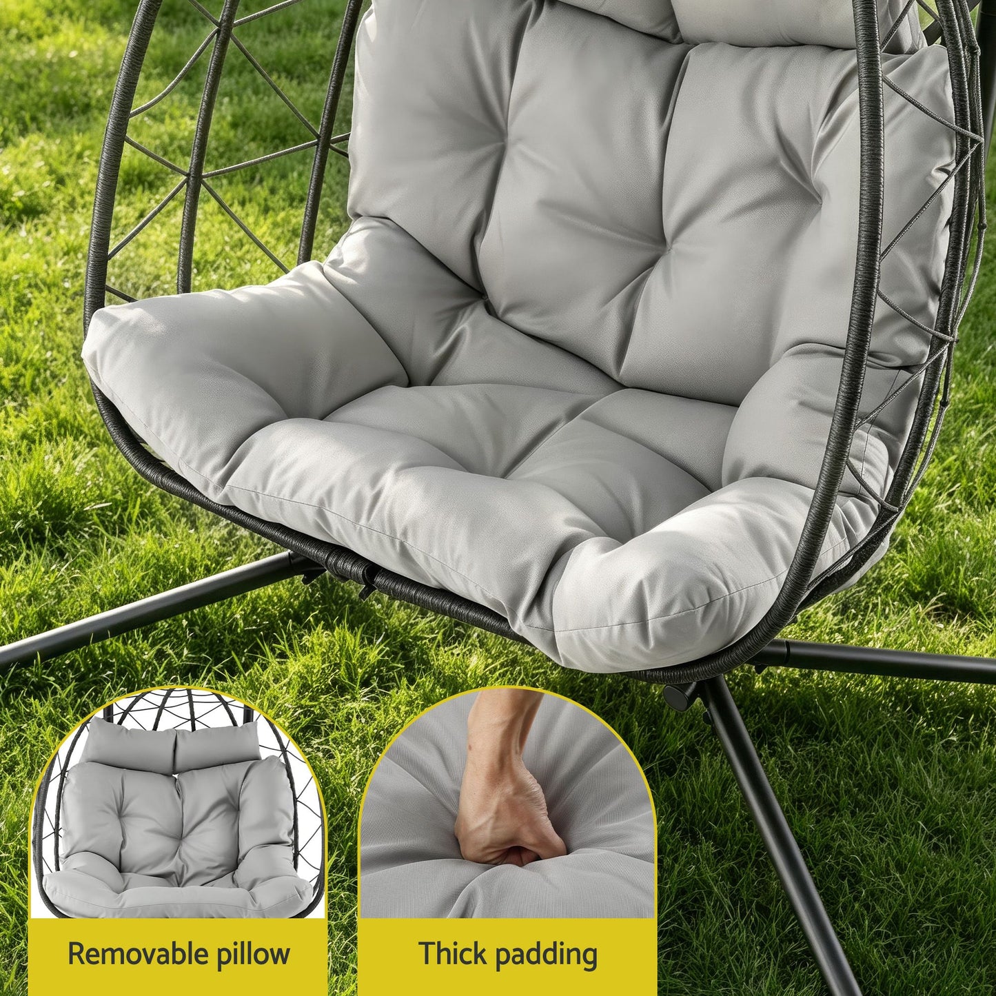 Outdoor Swing Chair 2 Seater with Stand Cushion Rattan Patio Furniture - Dark Grey