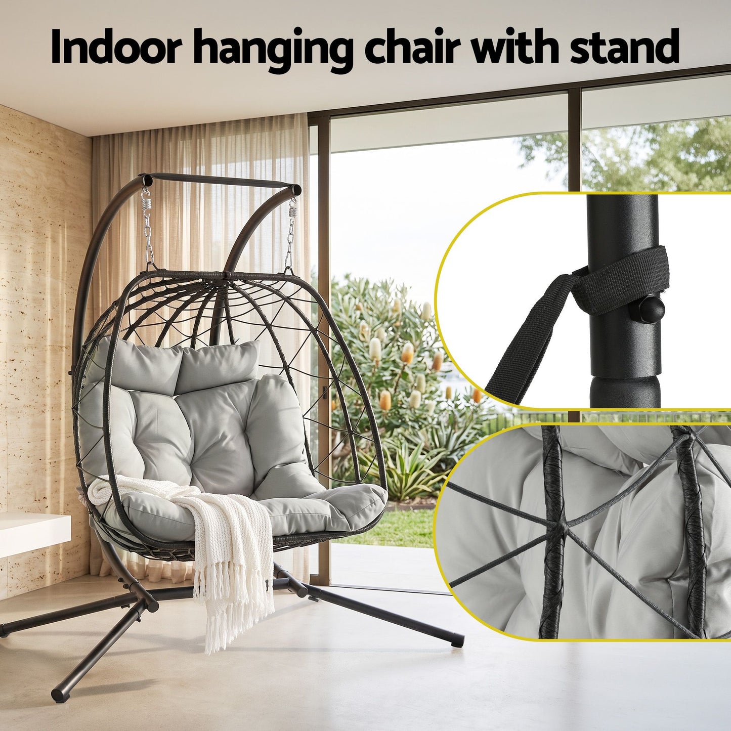 Outdoor Swing Chair 2 Seater with Stand Cushion Rattan Patio Furniture - Dark Grey