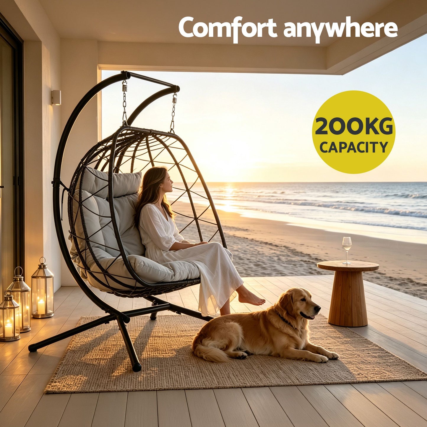 Outdoor Swing Chair 2 Seater with Stand Cushion Rattan Patio Furniture - Dark Grey