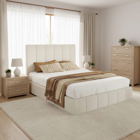 Harlech Double Bedroom Suite 5 Piece 1x Double Mattress, 1x Double Fabric Bed Frame, 2x Wooden Bedside Tables and 1x Tallboy