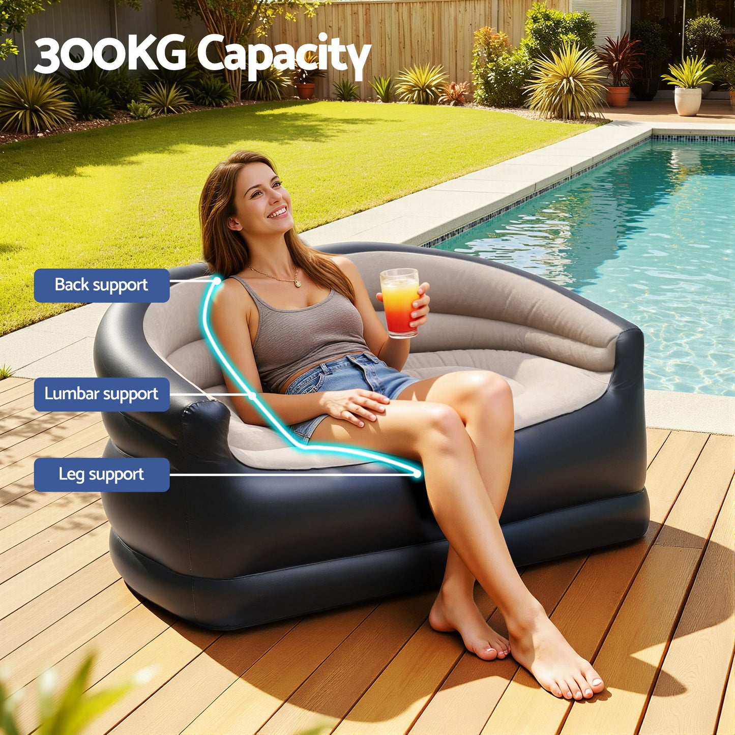Veyron 2-Seater Outdoor Air Sofa Inflatable Couch Two-Seater Lounge Chair with Pump Blow Up Couches - Coffee