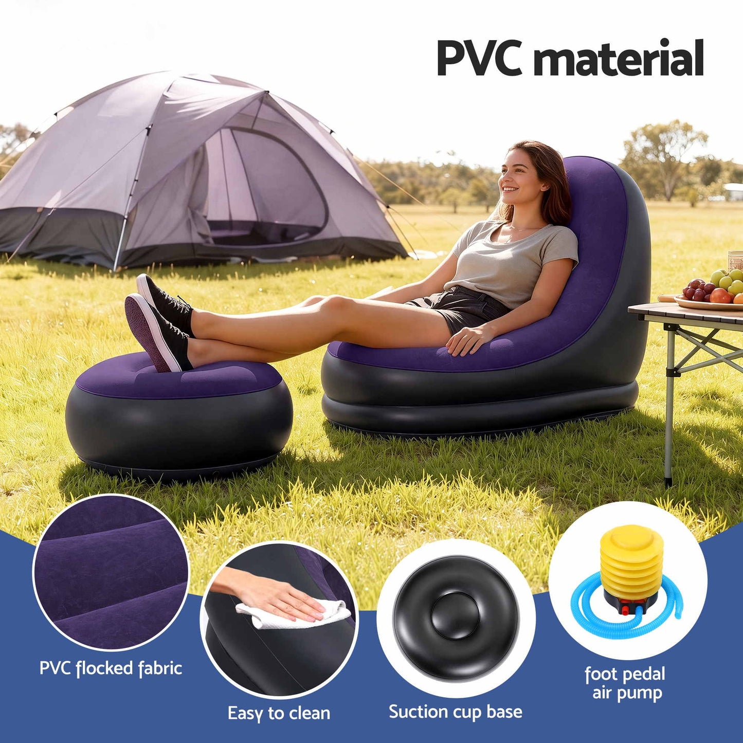 Inflatable Chair with Ottoman Air Sofa Blow Up Air Chair for Camping with Pump Purple