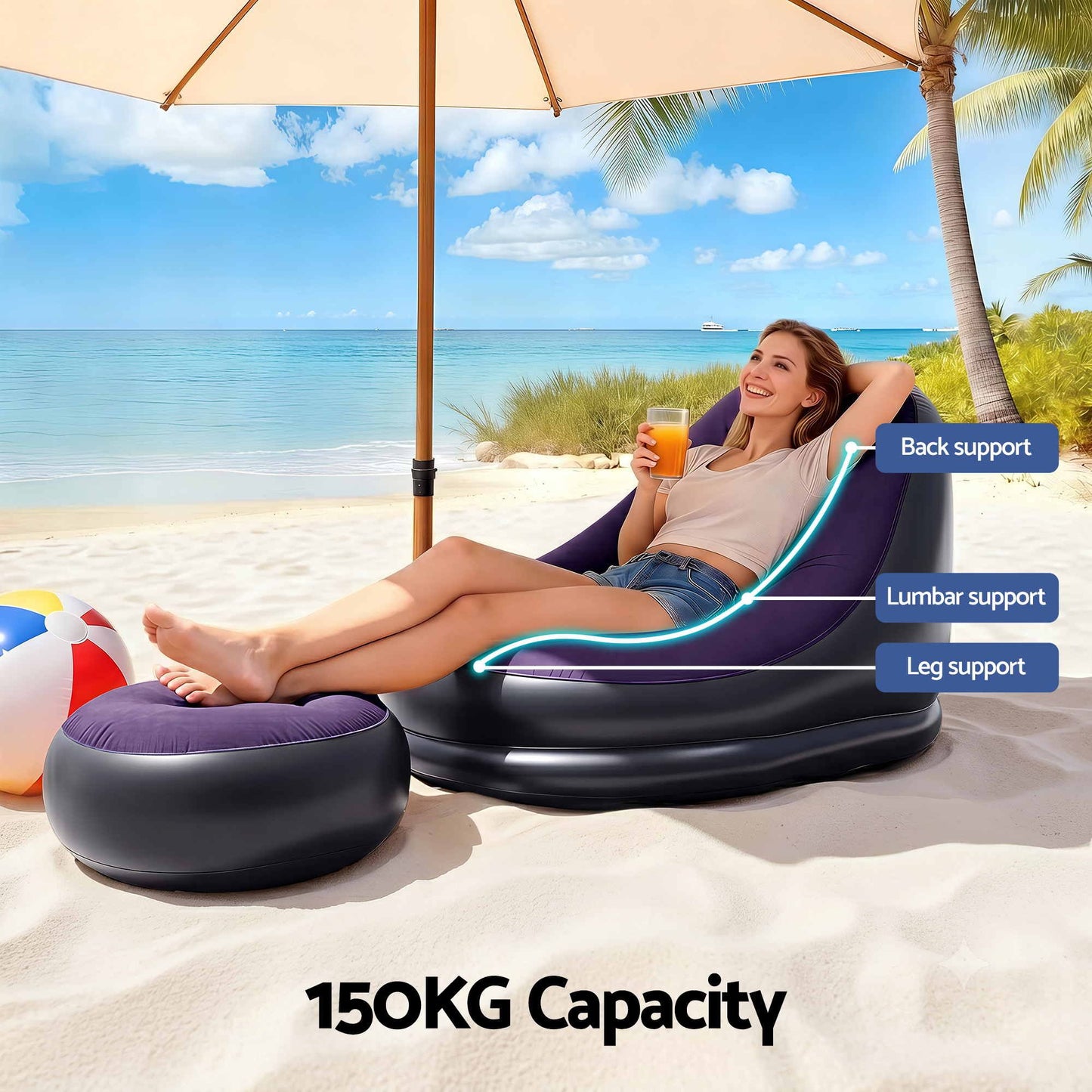 Inflatable Chair with Ottoman Air Sofa Blow Up Air Chair for Camping with Pump Purple