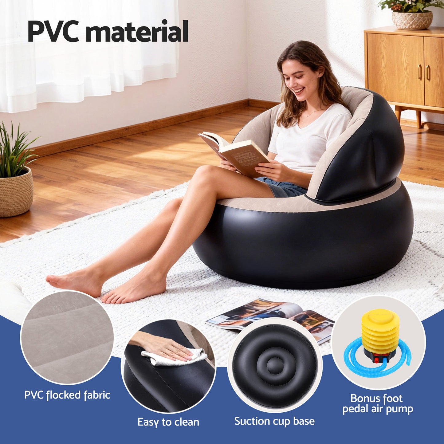 Kyria Inflatable Chair Blow Up Folding Air Chairs Sofa for Camping with Pump - Coffee