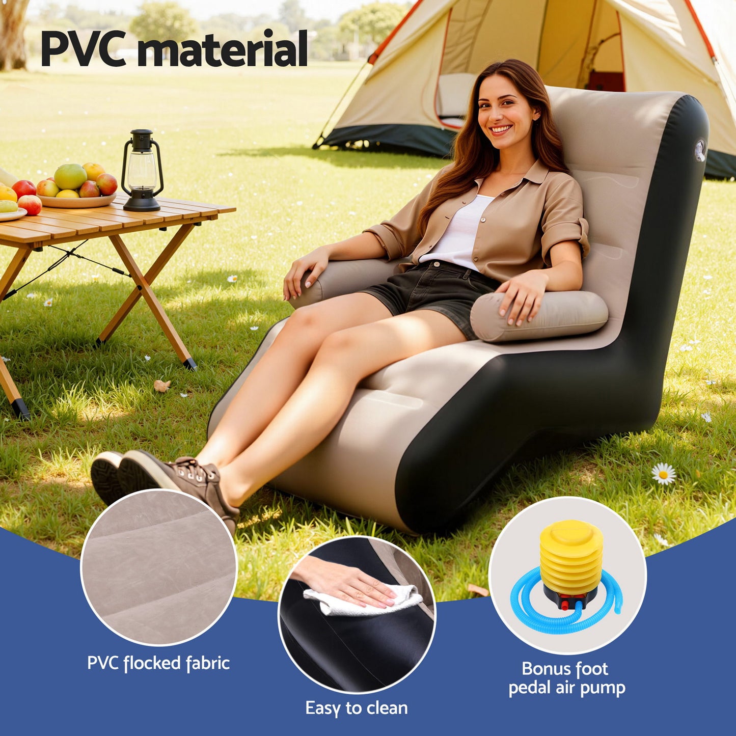 Kaizen Inflatable Chair Sun Lounger Blow Up Folding Air Chairs Sofa for Camping with Pump - Coffee