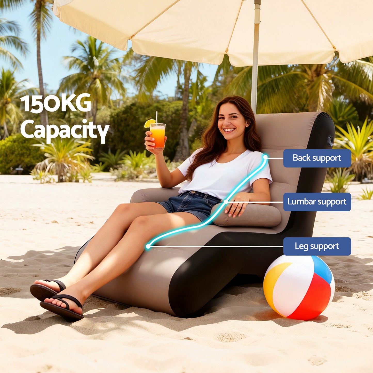 Kaizen Inflatable Chair Sun Lounger Blow Up Folding Air Chairs Sofa for Camping with Pump - Coffee