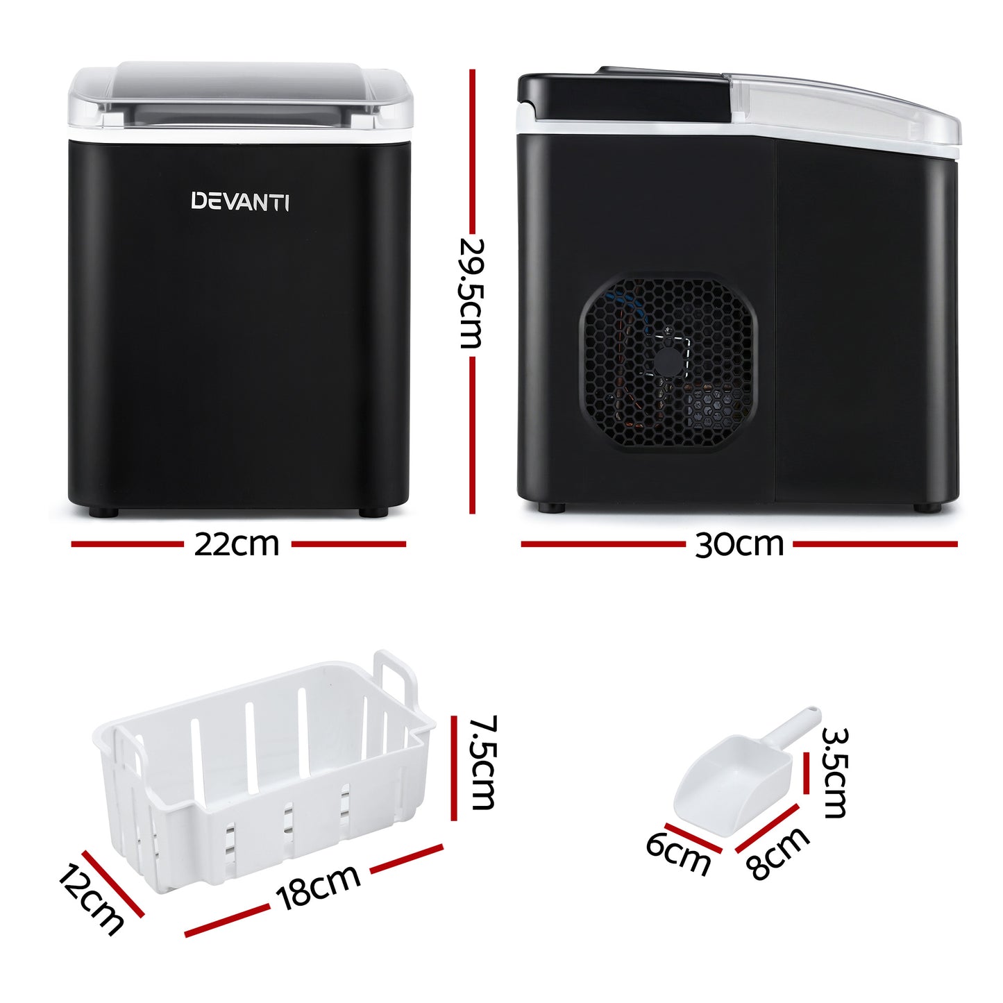 Devanti Ice Maker Machine Portable 12kg Countertop with Self Cleaning 1.2L Black