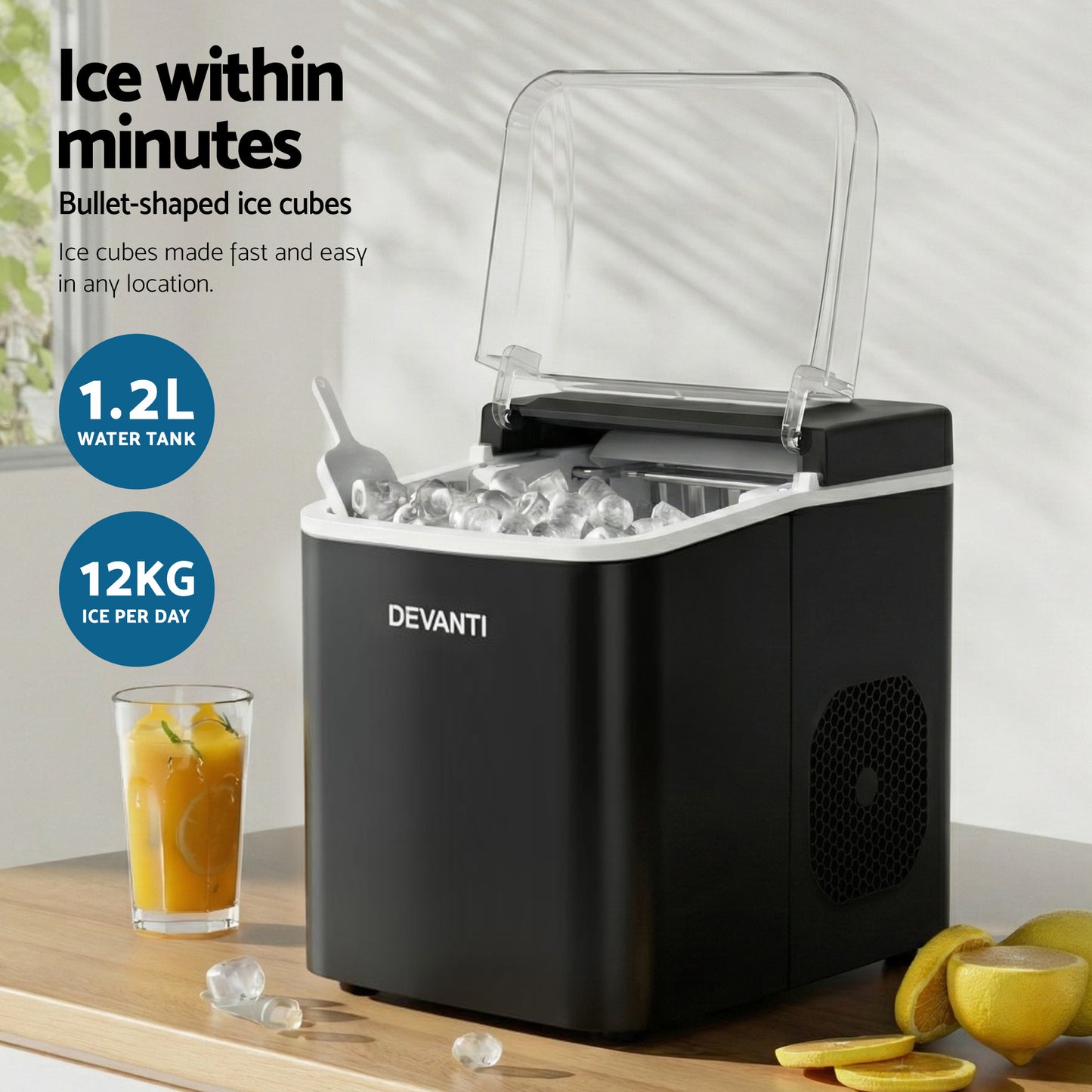 Devanti Ice Maker Machine Portable 12kg Countertop with Self Cleaning 1.2L Black
