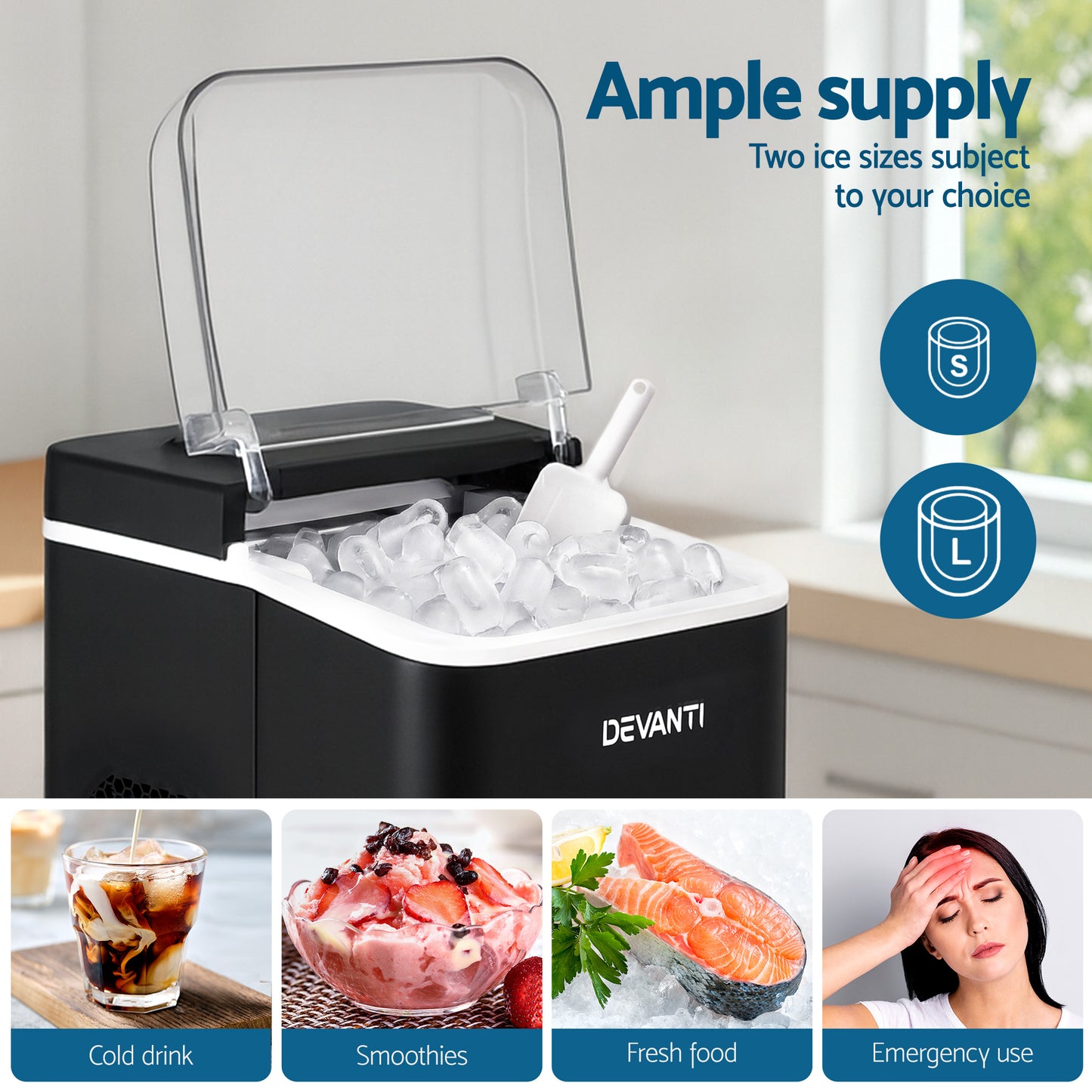 Devanti Ice Maker Machine Portable 12kg Countertop with Self Cleaning 1.2L Black