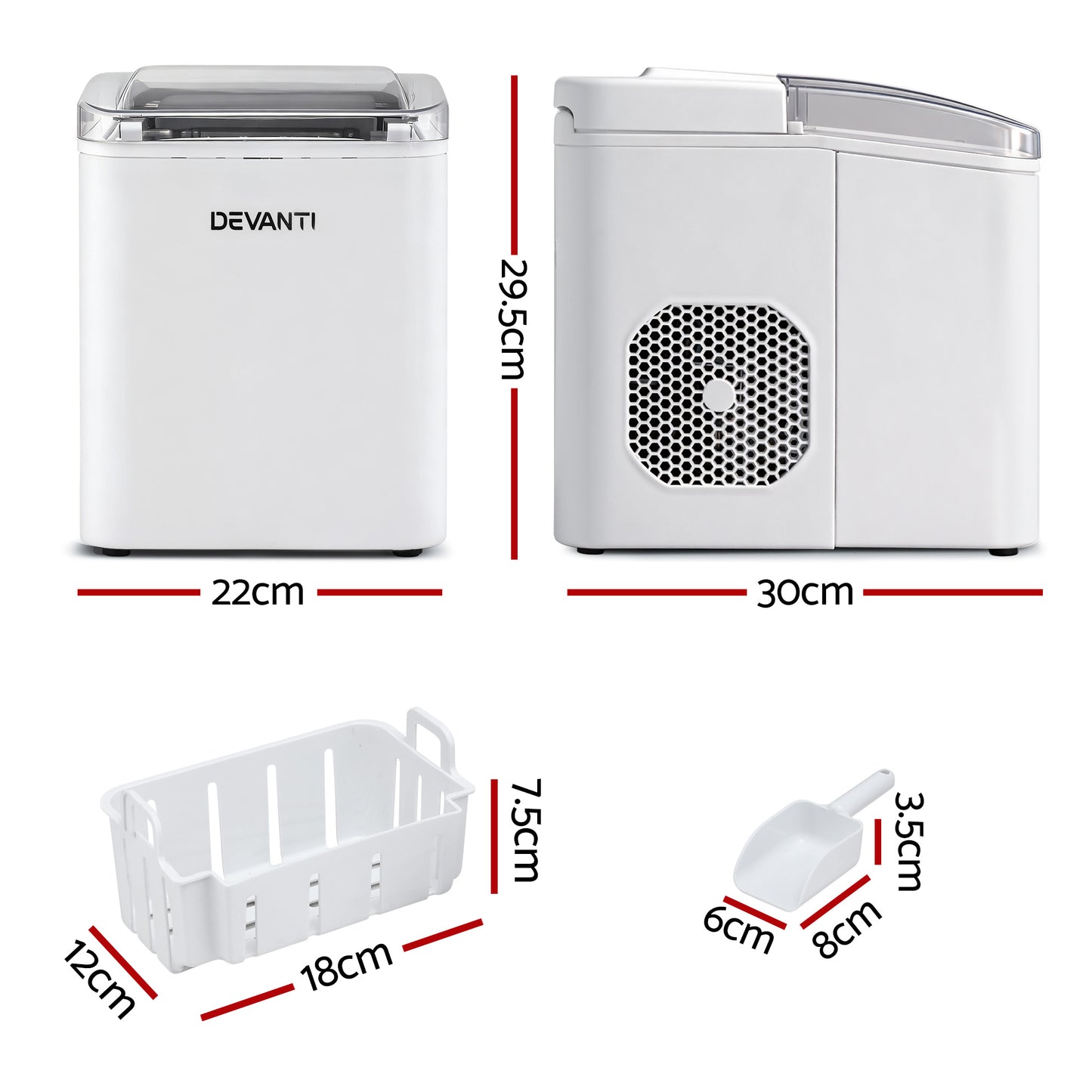 Devanti Ice Maker Machine Portable 12kg Countertop with Self Cleaning 1.2L White