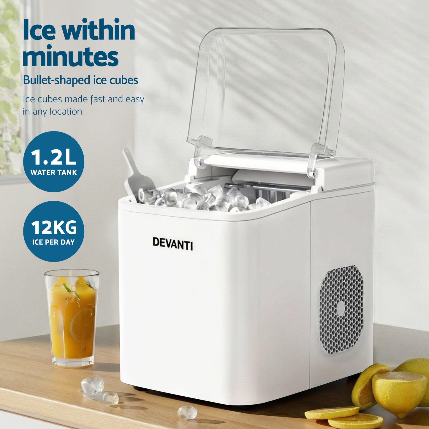 Devanti Ice Maker Machine Portable 12kg Countertop with Self Cleaning 1.2L White
