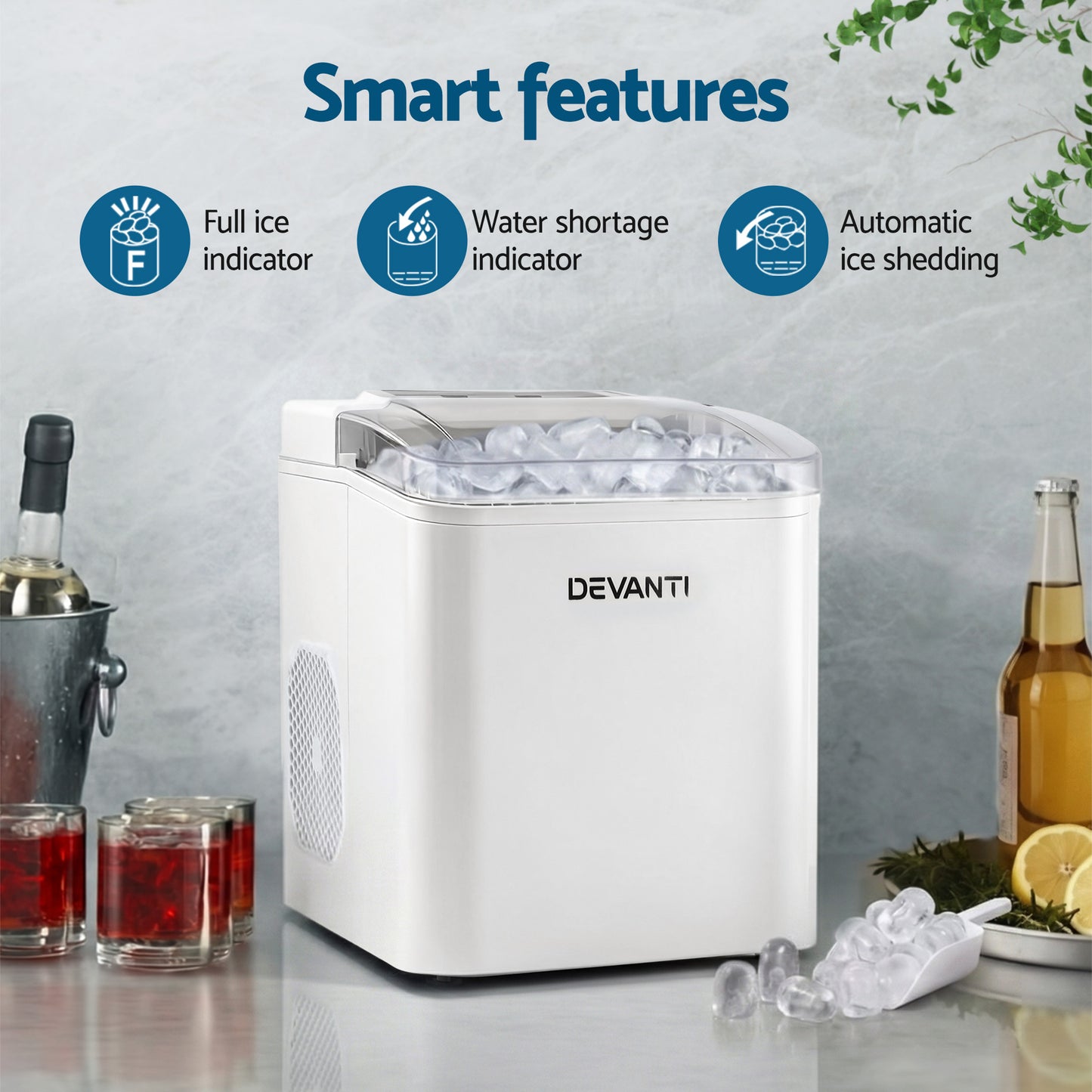 Devanti Ice Maker Machine Portable 12kg Countertop with Self Cleaning 1.2L White