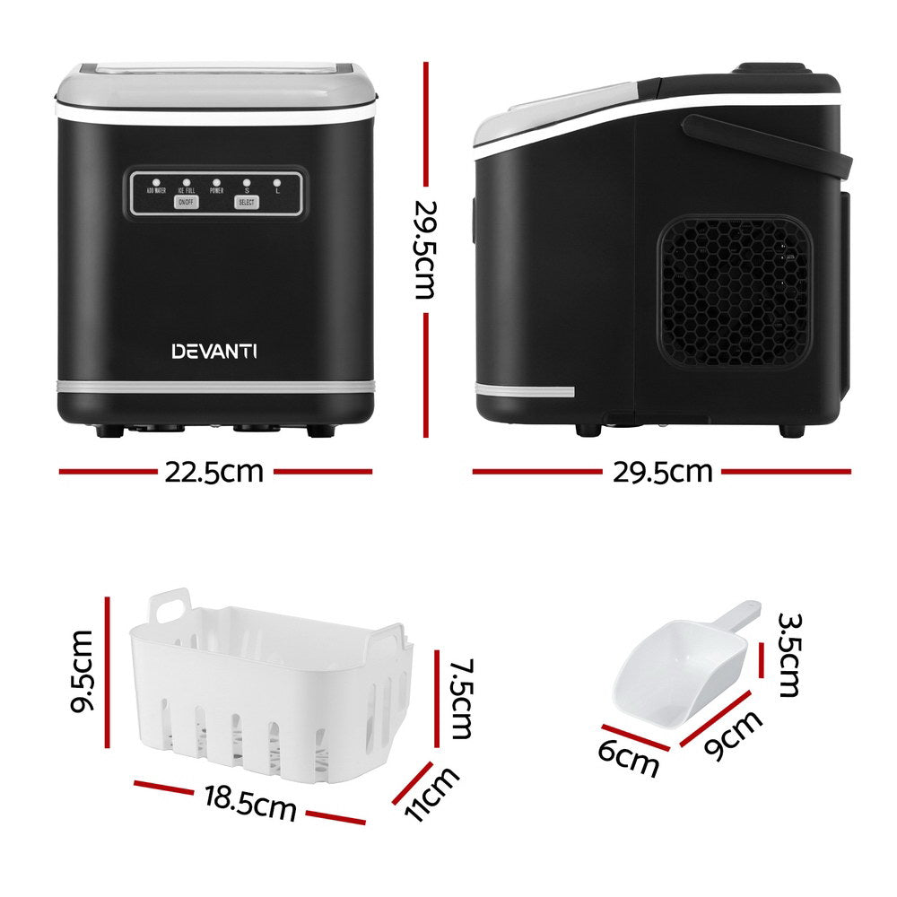 Devanti Ice Maker Machine Portable 12kg Countertop with Self Cleaning 1.3L Black