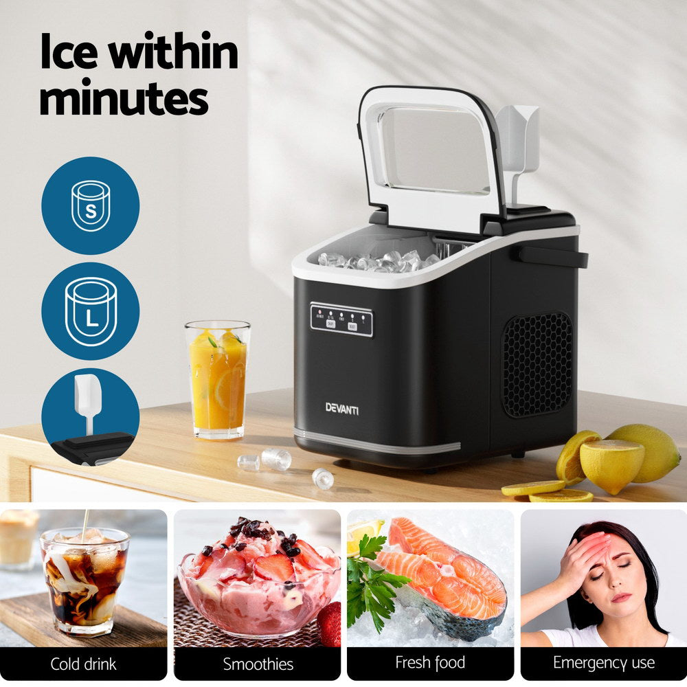 Devanti Ice Maker Machine Portable 12kg Countertop with Self Cleaning 1.3L Black