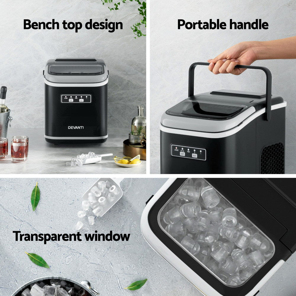 Devanti Ice Maker Machine Portable 12kg Countertop with Self Cleaning 1.3L Black
