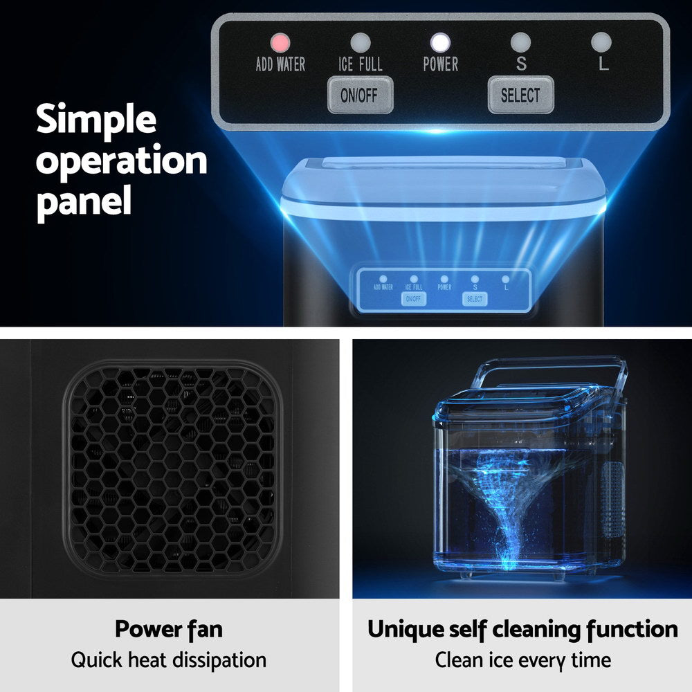Devanti Ice Maker Machine Portable 12kg Countertop with Self Cleaning 1.3L Black