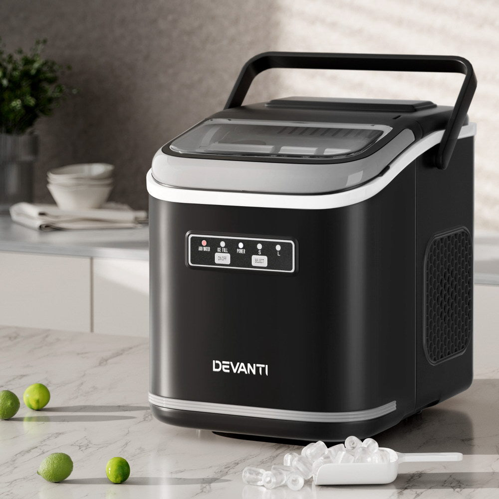 Devanti Ice Maker Machine Portable 12kg Countertop with Self Cleaning 1.3L Black