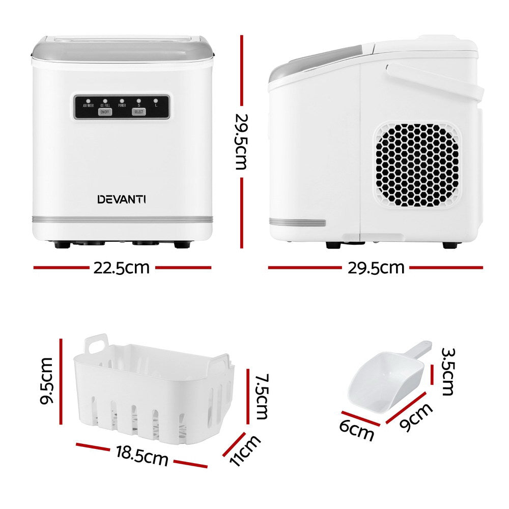 Devanti Ice Maker Machine Portable 12kg Countertop with Self Cleaning 1.3L White