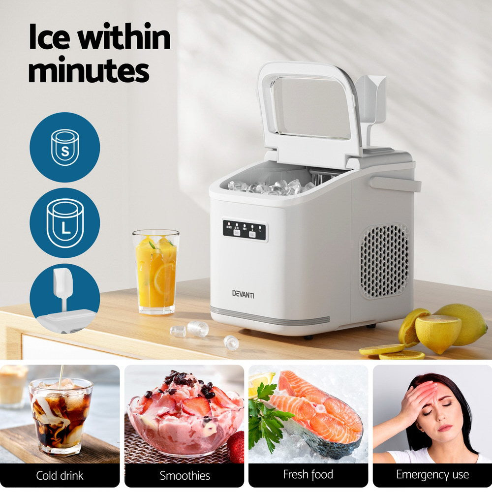 Devanti Ice Maker Machine Portable 12kg Countertop with Self Cleaning 1.3L White
