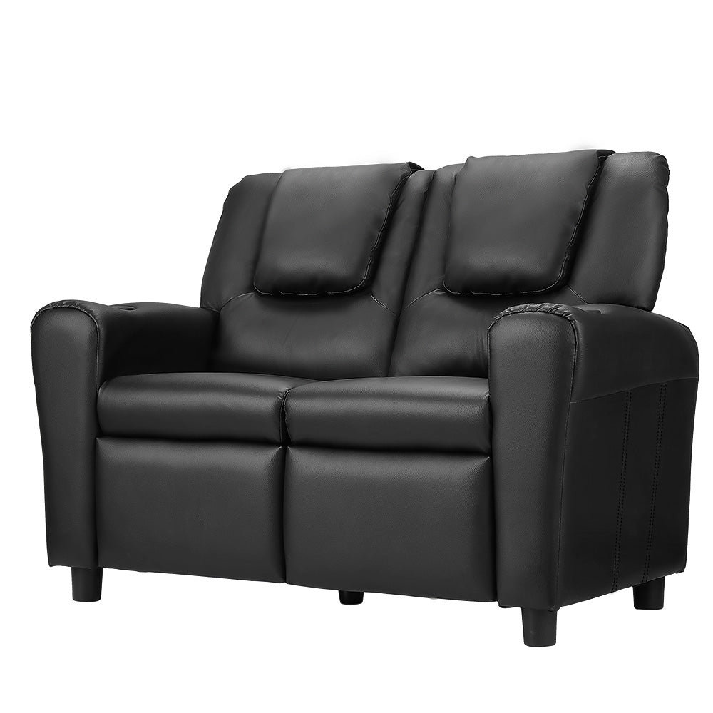 Primy Kids Recliner Chair Double PU Leather Sofa Lounge Couch Armchair - Black