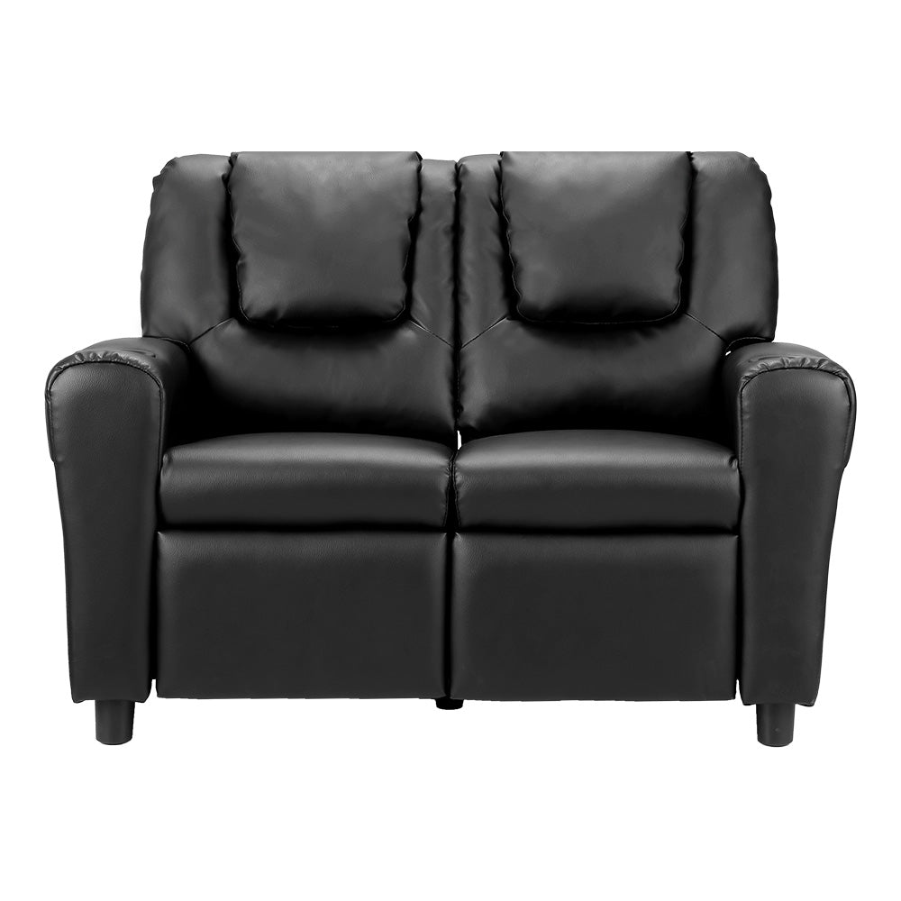 Primy Kids Recliner Chair Double PU Leather Sofa Lounge Couch Armchair - Black
