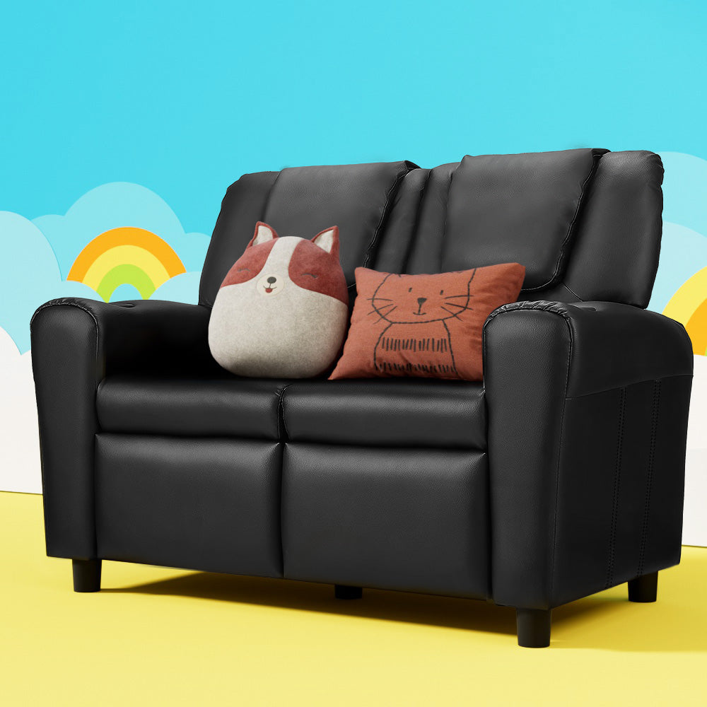 Primy Kids Recliner Chair Double PU Leather Sofa Lounge Couch Armchair - Black