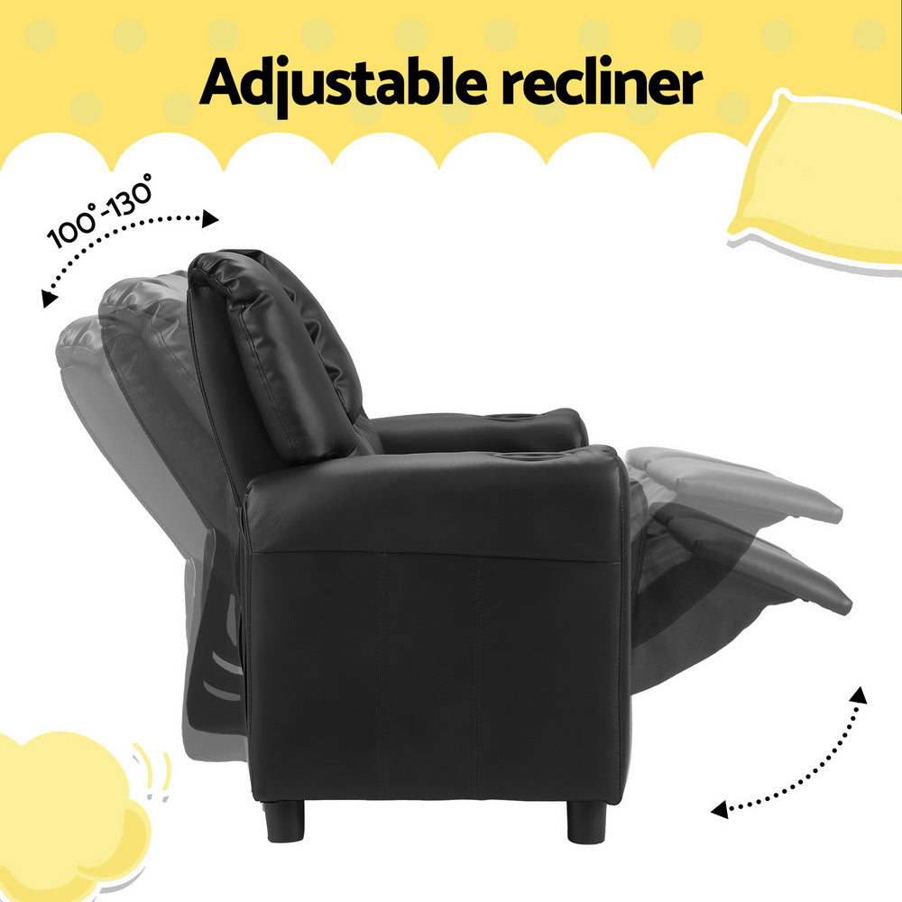 Primy Kids Recliner Chair Double PU Leather Sofa Lounge Couch Armchair - Black