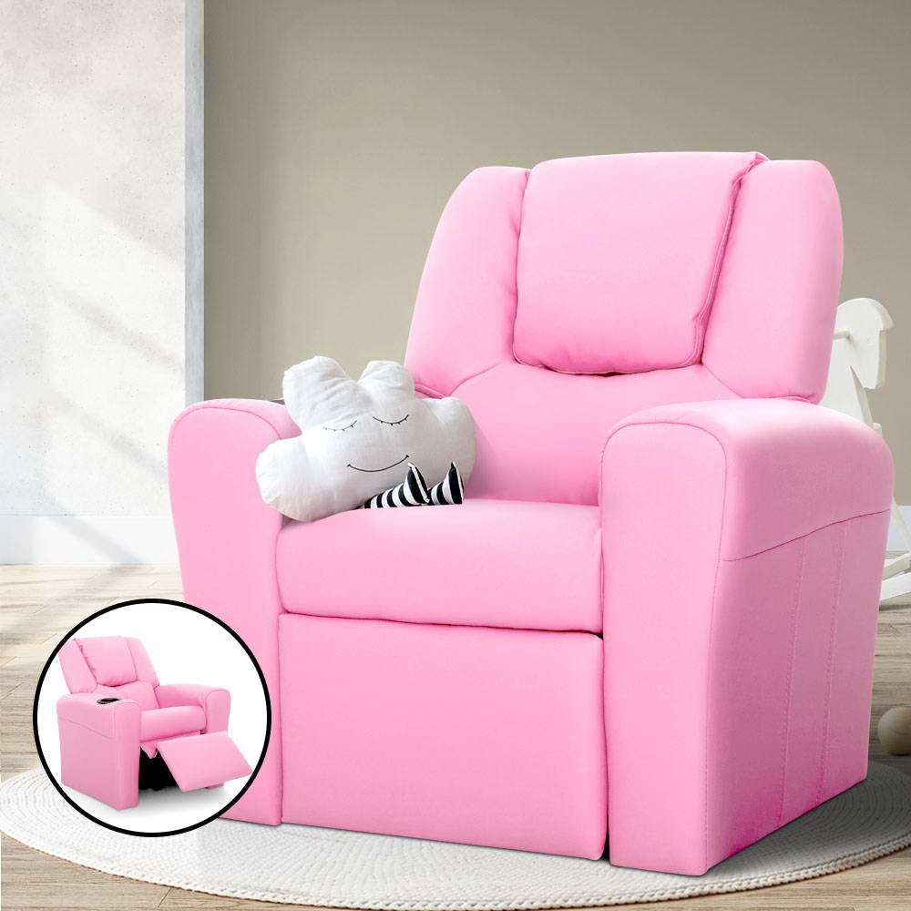 Percy Kids Recliner Chair Linen Soft Sofa Lounge Couch Children Armchair - Pink