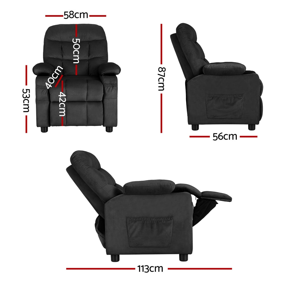 Pippa Kids Recliner Chair Velvet Sofa Lounge Couch Children Chairs Armchair - Black