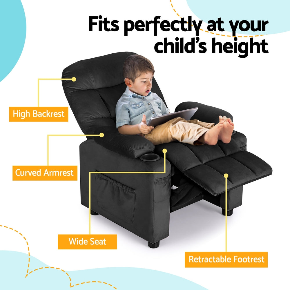 Pippa Kids Recliner Chair Velvet Sofa Lounge Couch Children Chairs Armchair - Black