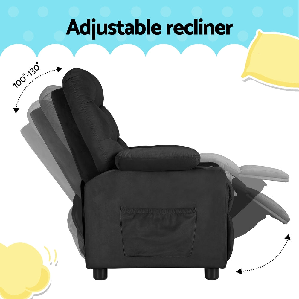 Pippa Kids Recliner Chair Velvet Sofa Lounge Couch Children Chairs Armchair - Black