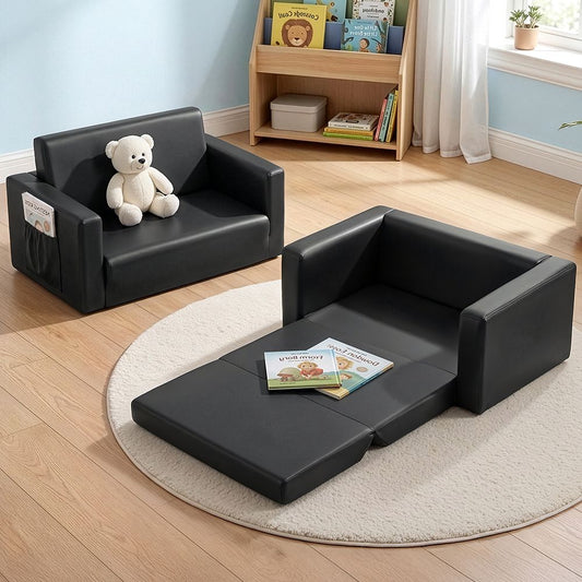 Phineas Kids Convertible Armchair Sofa 2 Seater Chair Children Flip Open Couch - Black