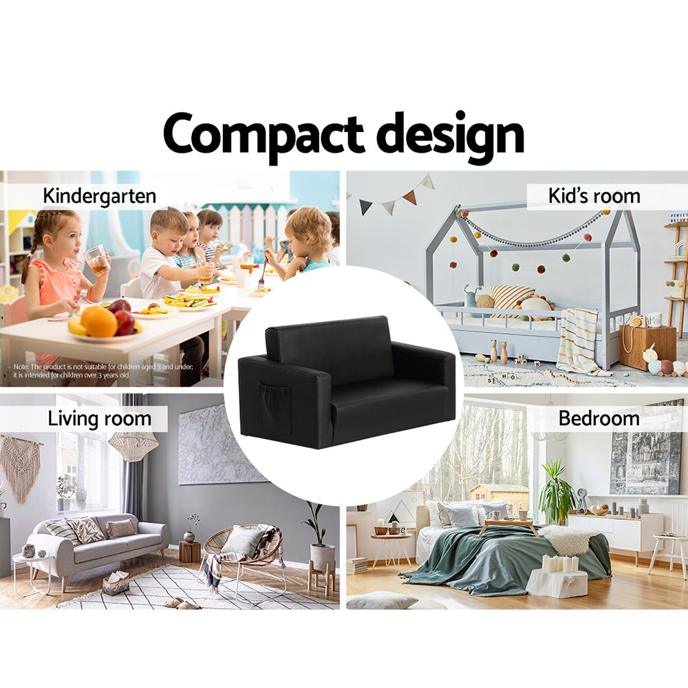 Phineas Kids Convertible Armchair Sofa 2 Seater Chair Children Flip Open Couch - Black